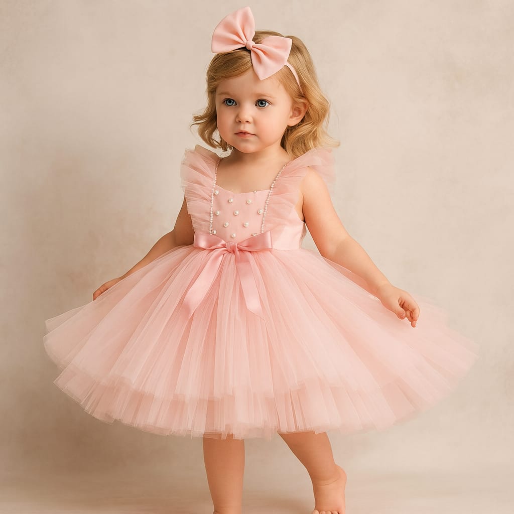 Pre Order: Stylish Peach Frilly Net Dress