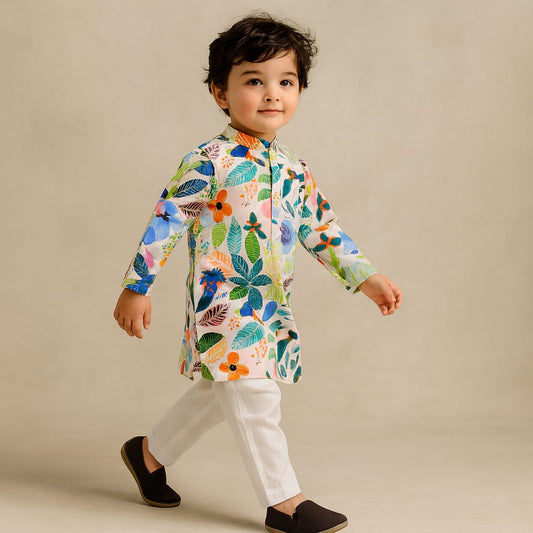 Pre Order: Multicolour Leaves Printed Ethnic Kurta And Churidar