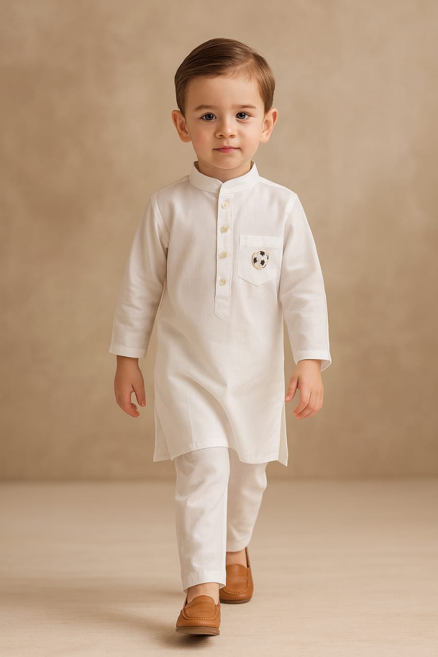 Pre Order: Football Embroidered Patch Pocket Detail White Kurta