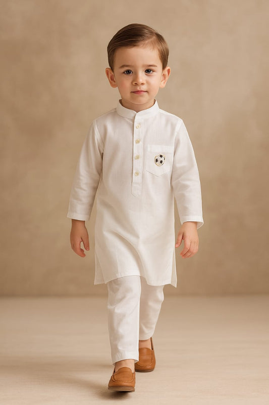 Pre Order: Football Embroidered Patch Pocket Detail White Kurta