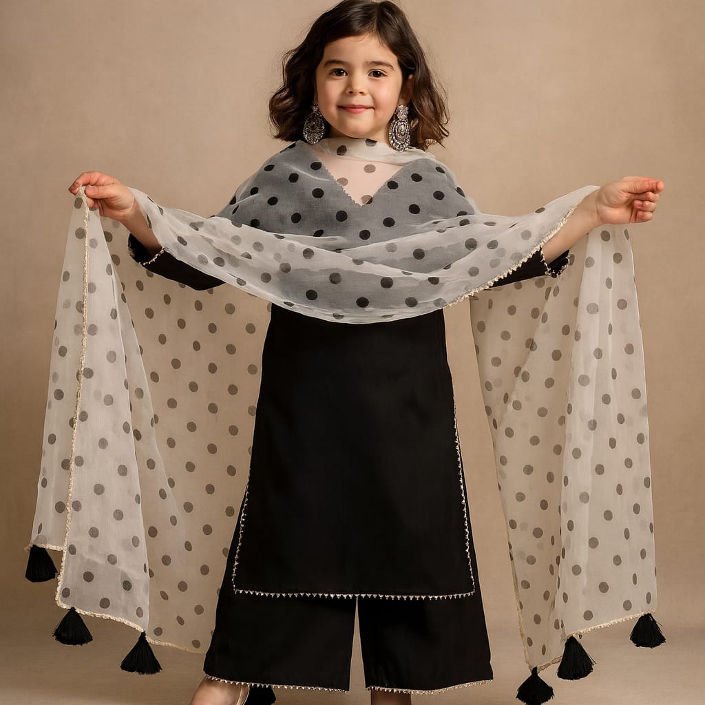 Pre Order: Black And Polka Suit Set