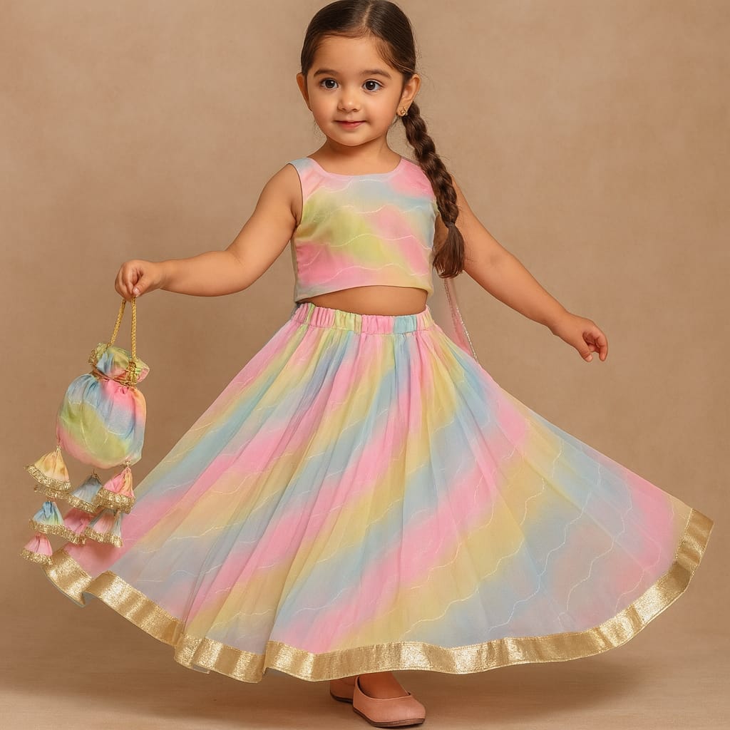 Pre Order: Rainbow Leheriya Gota Detailed Kehenga Set