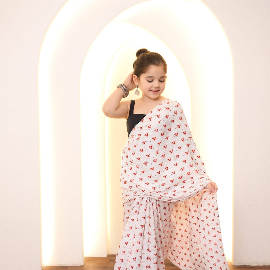 Pre Order: White And Red Swan Cotton Saree