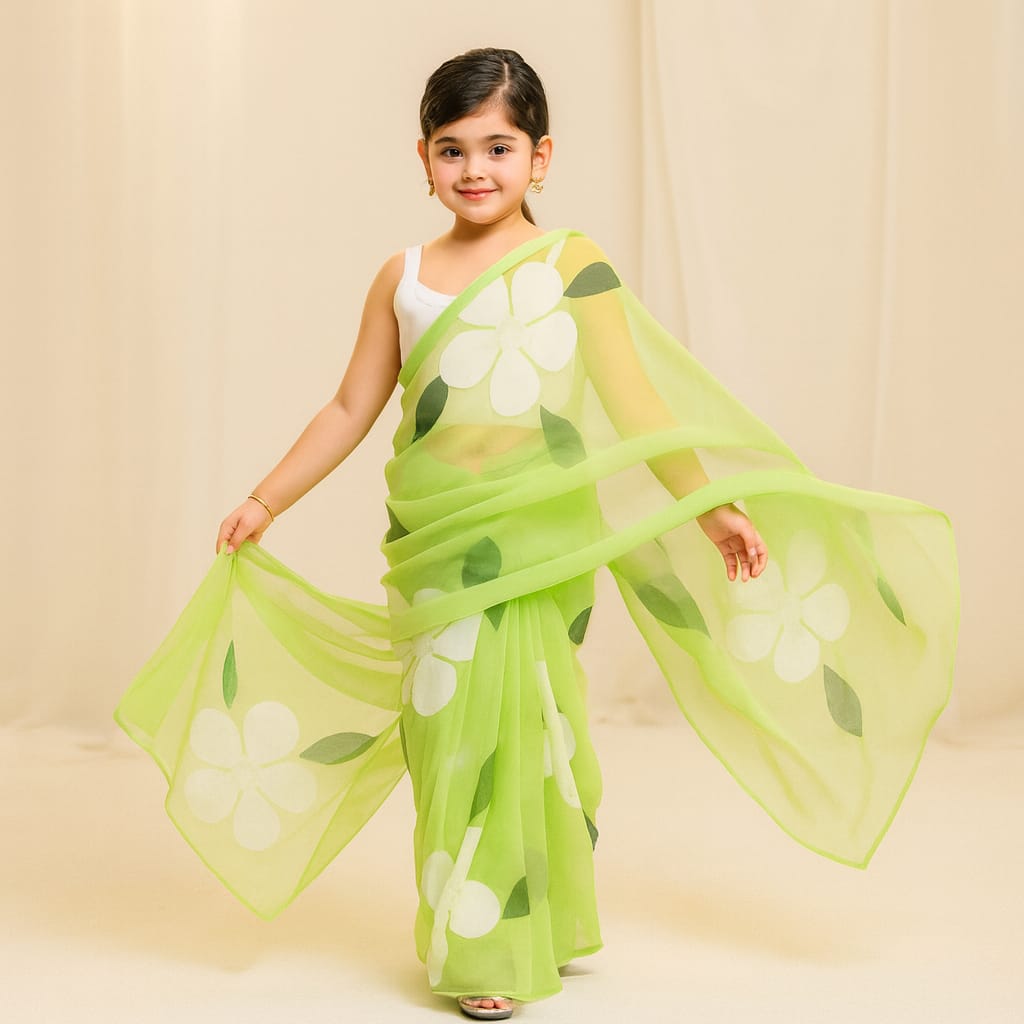 Pre Order: Pastel Green Floral Hand Painted Georgette Saree