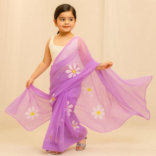 Pre Order: Lavender Floral Hand Painted Georgette Saree