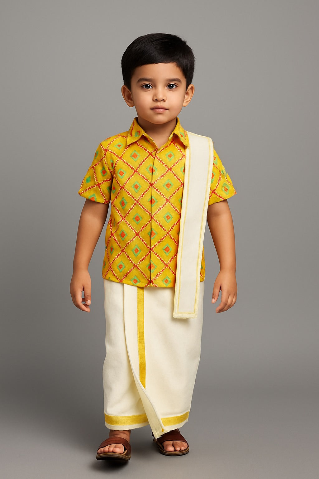 Pre Order: Exquisite Patola Print Shirt And Stitched Lungi With Shawl