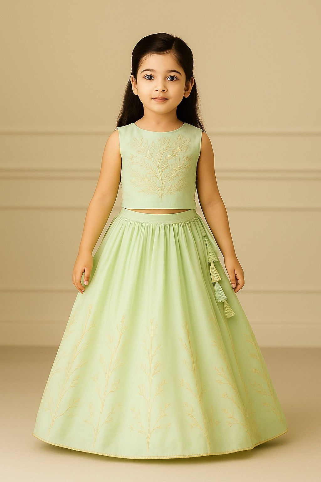 Pre Order: Elegant Floral Embroidered Pleat Detailed Top With Embroidered Lehenga
