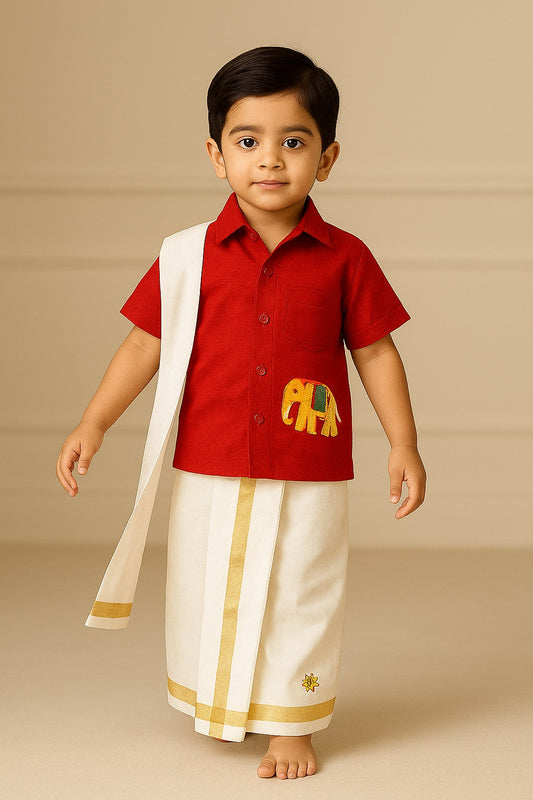 Pre Order: Multicolor Elephant Embroidered Red Mundu Shirt With Lungi And Angavastram (Shawl) Set