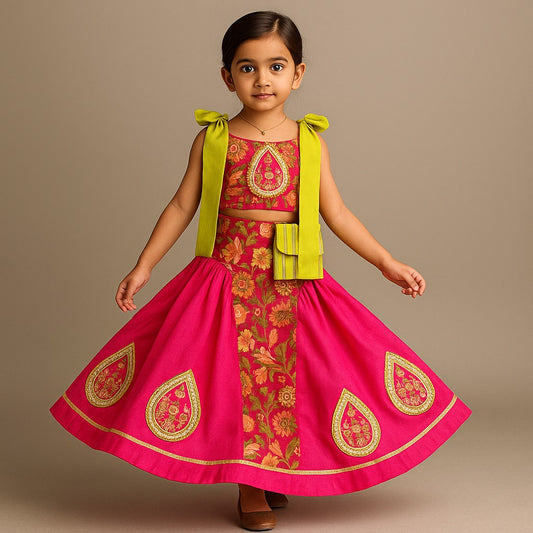 Pre Order: Stunning Bow Embellished Floral Top With Matching Lehenga And Attached Pouch