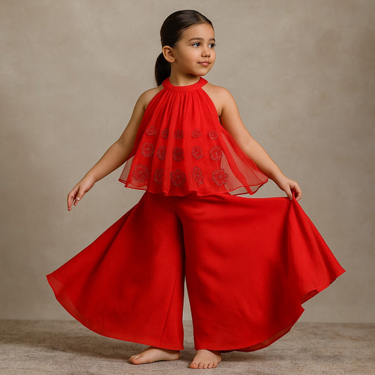 Pre Order: Lovely Red Halter Neck Organza Top And Palazzo