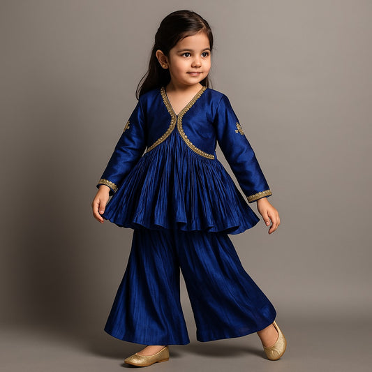 Pre Order: Tissue Pleated Shiny Blue Top And Palazzo