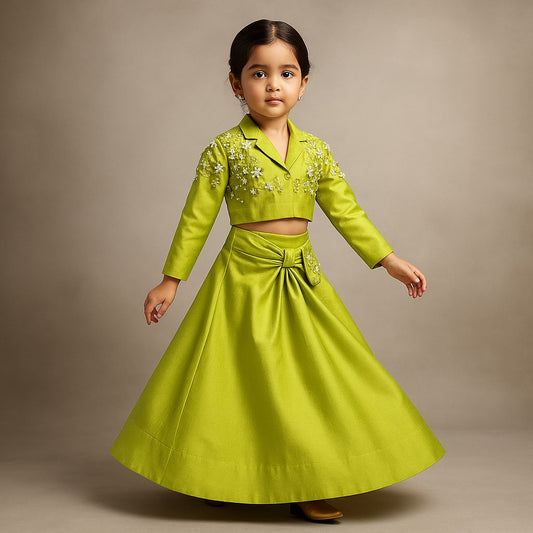 Pre Order: Green Blazer Style Crop Top With Lehenga