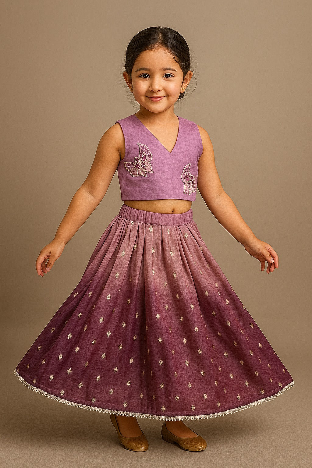 Pre Order: Purple Applique Top With Ombre Brocade Lehenga