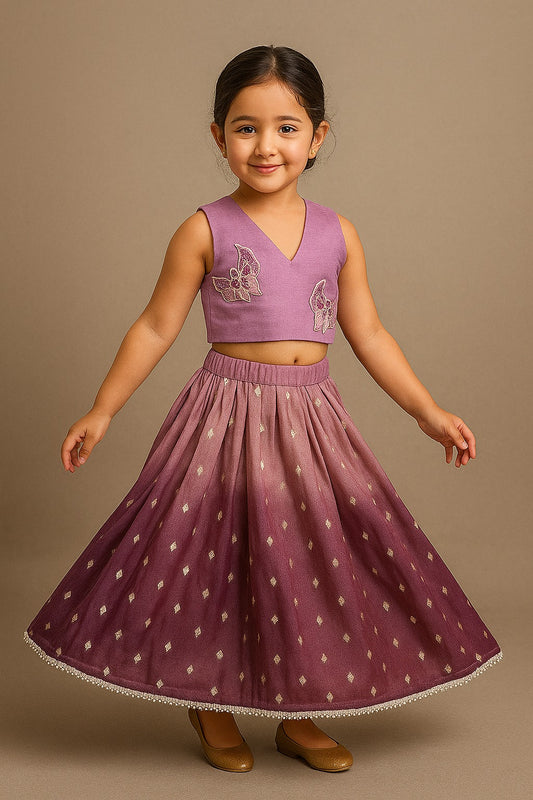 Pre Order: Purple Applique Top With Ombre Brocade Lehenga
