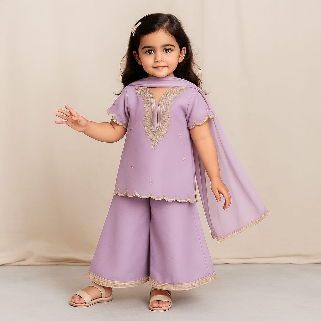 Pre Order: Sheen Lilac Scallop Hem Kurta With Palazzo And Dupatta