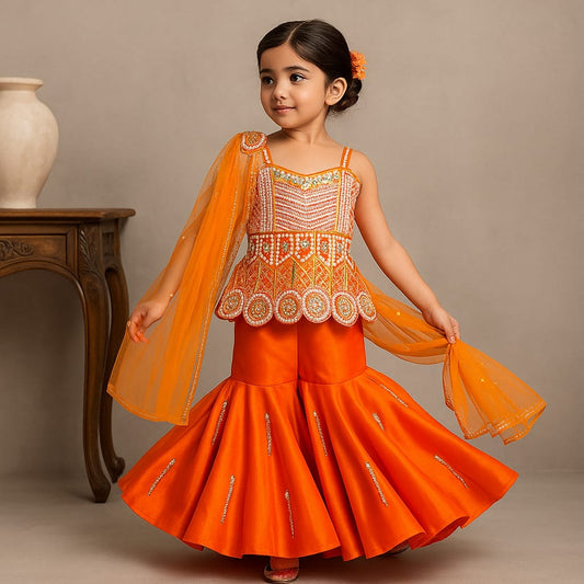Pre Order: Exquisite Orange Kurti With Flared Sharara And Choker Dupatta