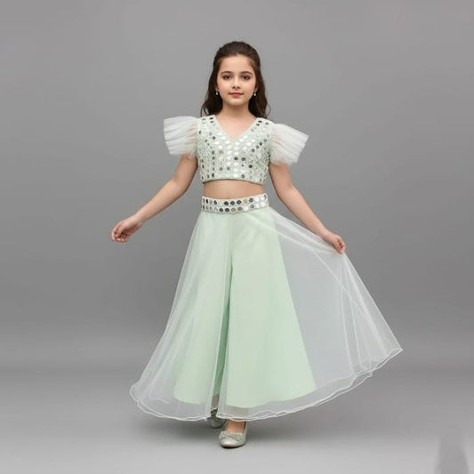 Pre Order: Beautiful Green Faux Mirror Embroidered Top With Net Palazzo
