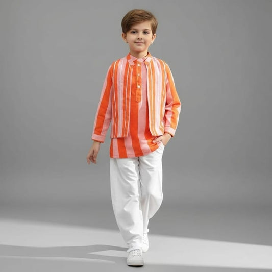 Pink And Orange Striped Kurta With Matching Jacket And Off White Pyjama