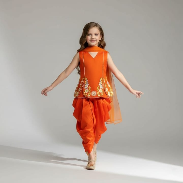 Pre Order: Orange Stylish Scalloped Kurti With Matching Dhoti And Choker Dupatta