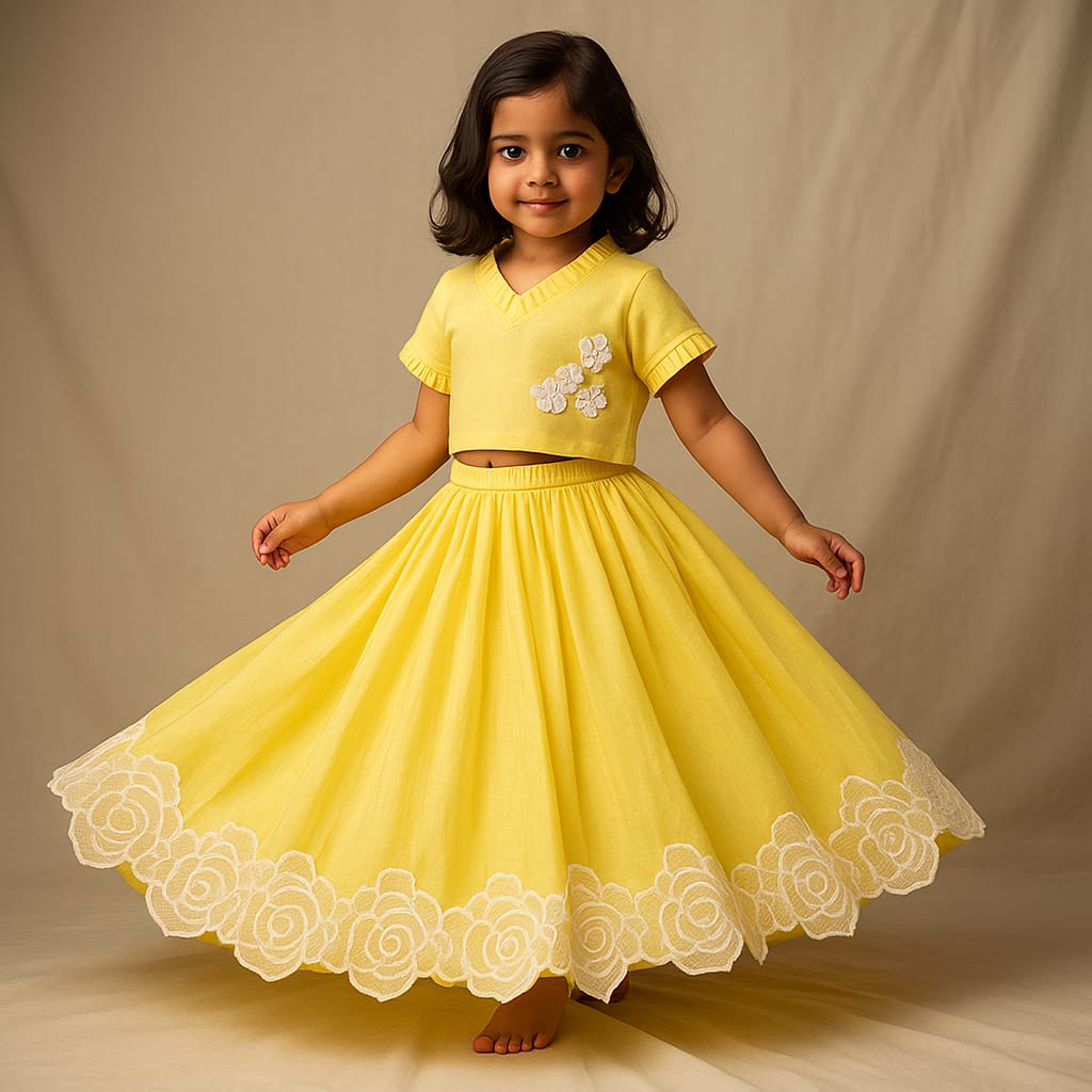 Pre Order: Beautiful Floral Embroidered Pleat Detailed Top With Matching Lehenga