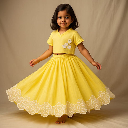 Pre Order: Beautiful Floral Embroidered Pleat Detailed Top With Matching Lehenga