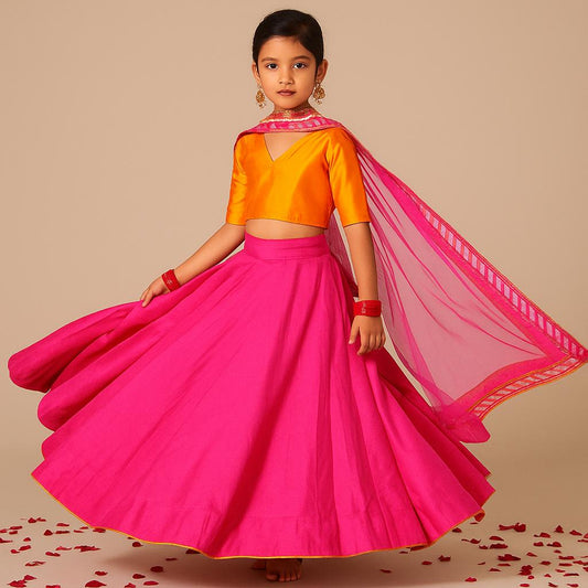 Pre Order: Pink And Orange Pink Lehenga Set