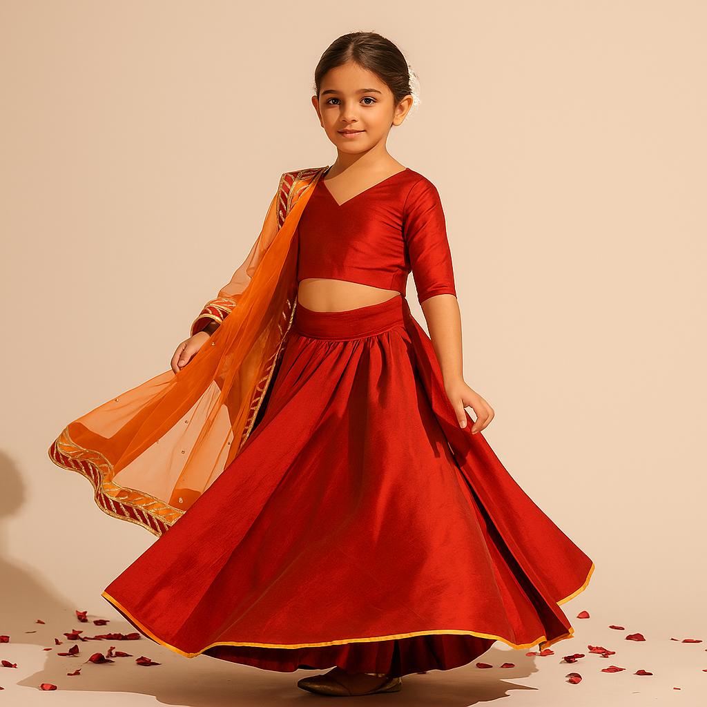 Pre Order: Red And Orange  Lehenga Set