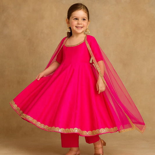 Priority Pre Order: Hot Pink Anarkali with Dupatta Lace Detailing