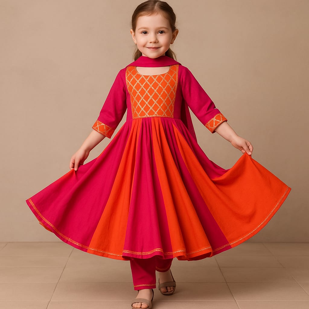 Pre Order: Pink And Orange Anarkali with Dupatta