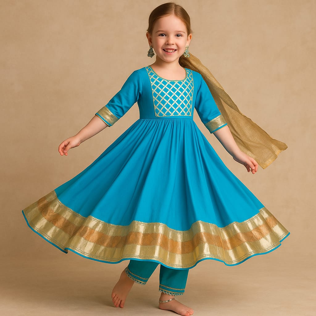 Pre Order: Sky Blue Anarkali with Gota Detailing