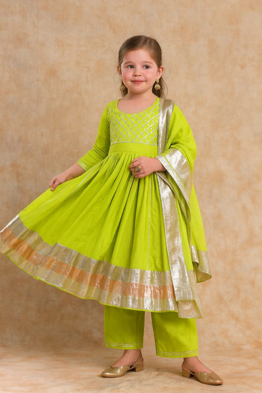 Pre Order:Neon Anarkali with Dupatta Gota Detailing