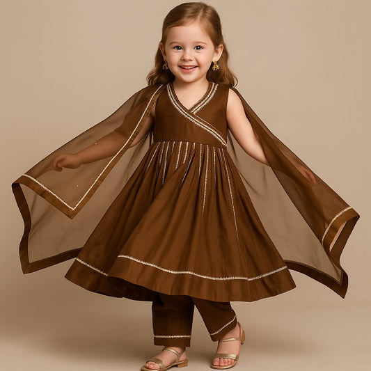 Pre Order: Coffee Anarkali with Dupatta Gota Detailing