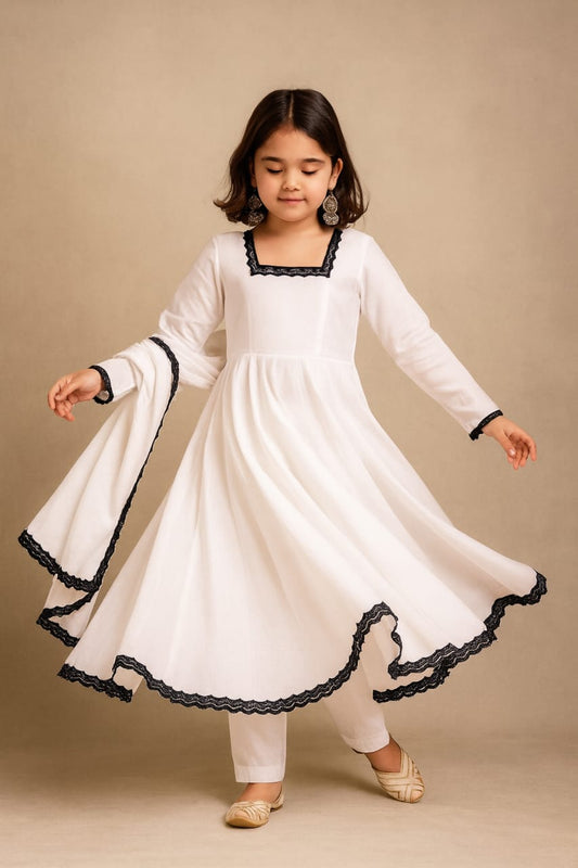 Pre Order: White Anarkali with Dupatta Lace Detailing