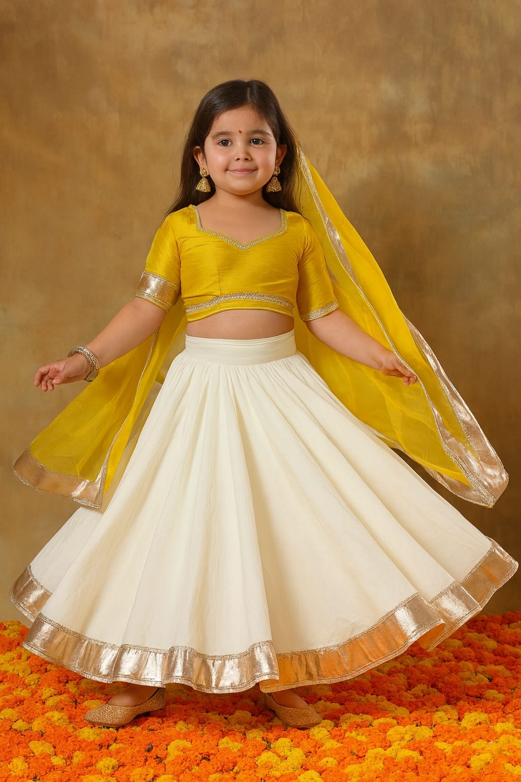 Pre Order: Yellow And White Gota Detailing Lehenga Set