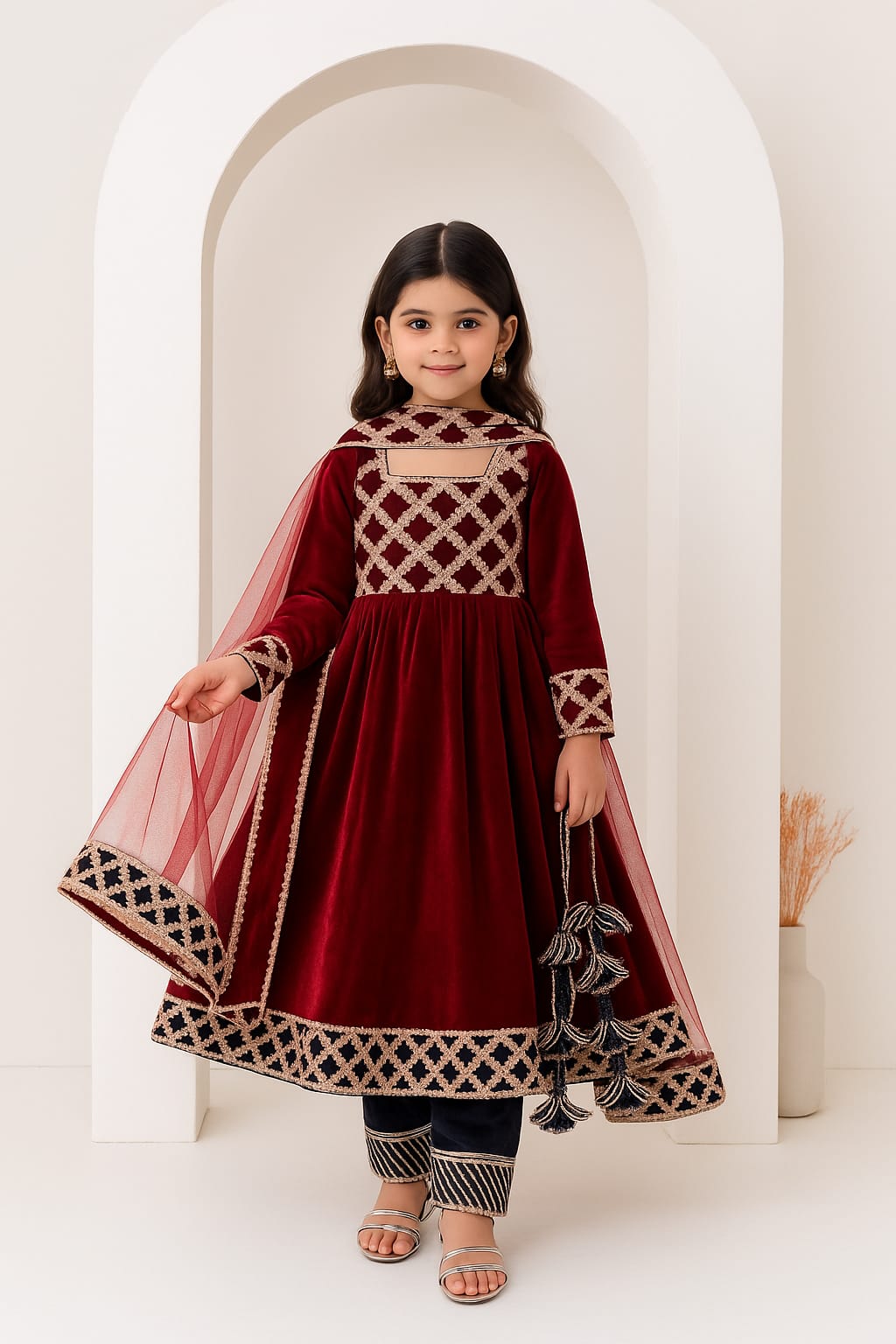 Pre Order: Maroon Anarkali With Dupatta Gota Detailing
