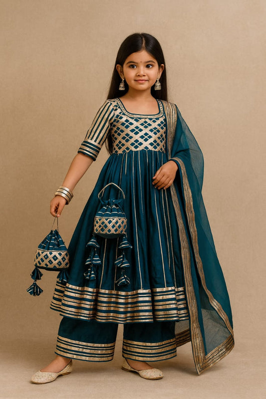 Pre Order: Teal Anarkali With Dupatta Gota Detailing