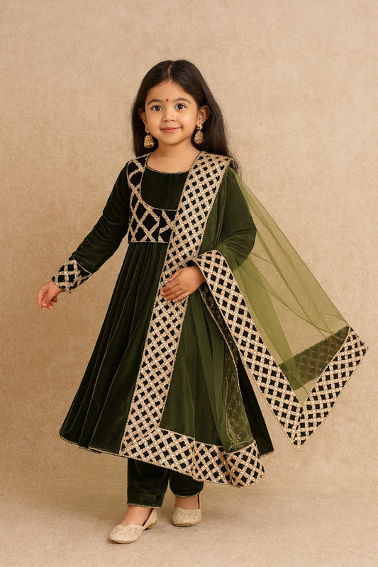 Pre Order: Mehndi Anarkali With Dupatta Gota Detailing