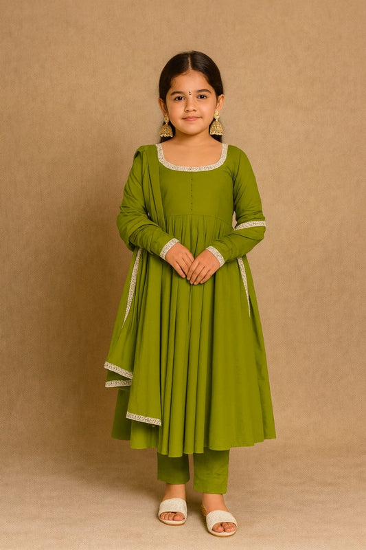 Pre Order : Mehndi Anarkali with Dupatta Lace Detailing