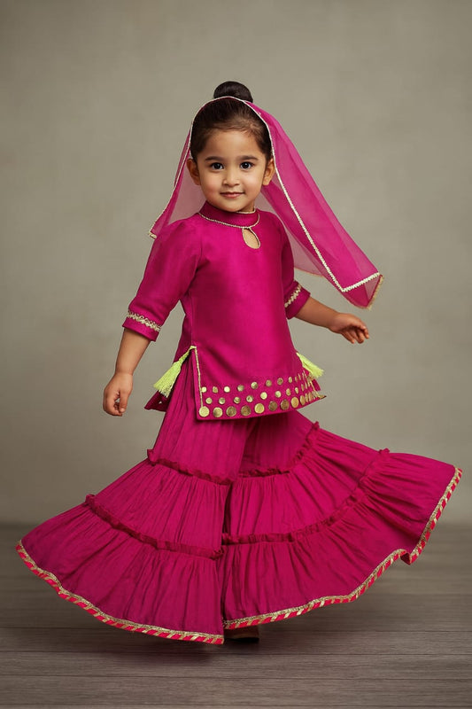Elegant Strappy Top With Embellished Pink Kurti And Ruffled Sharara With Dupatta