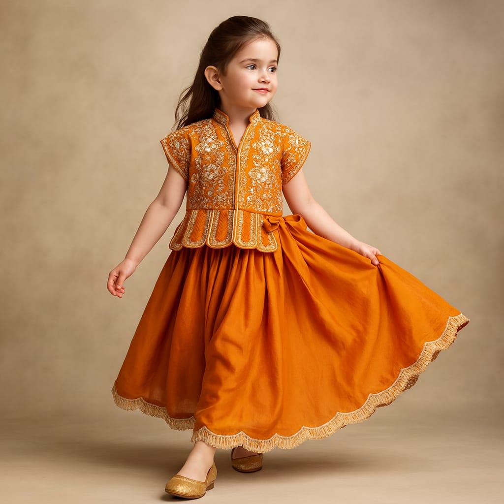 Pre Order: Shimmery Floral Embroidered Scalloped Top With Shimmery Lehenga