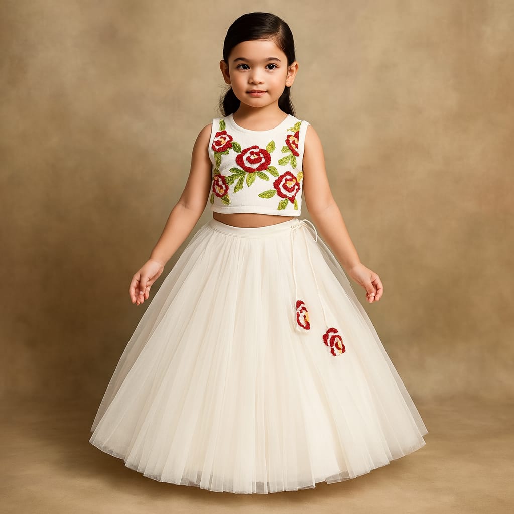 Pre Order: Floral Beaded Pleat Detailed Top With Tiered Ruffle Lehenga