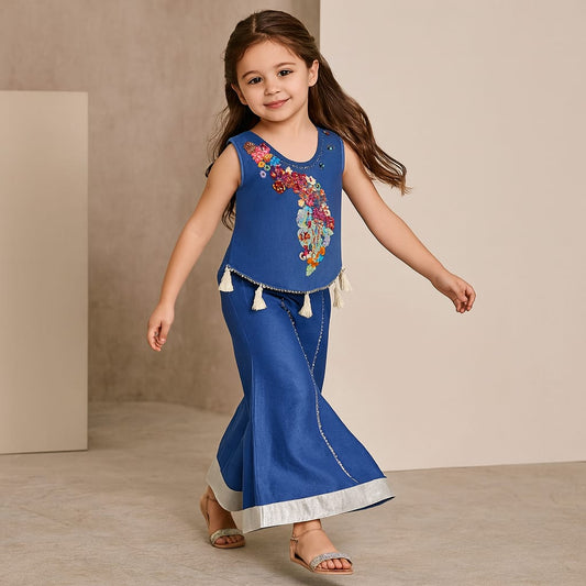 Pre Order: Blue Floral Embroidered Sleeveless Top With Palazzo