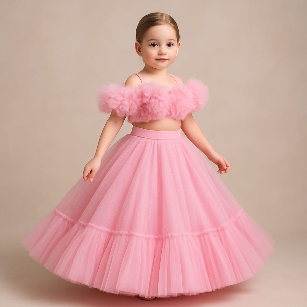 Pre Order: Gorgeous Pink Ruffle Net Heart Top With Ruffled Lehenga