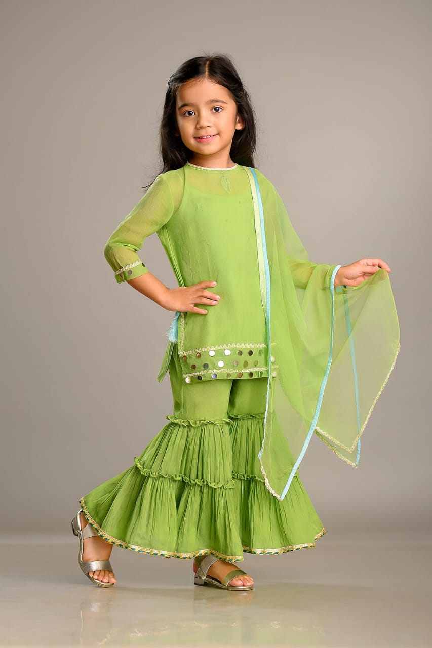 Pre Order: Ethnic Strappy Top With Embellished Kurti And Ruffled Sharara With Dupatta