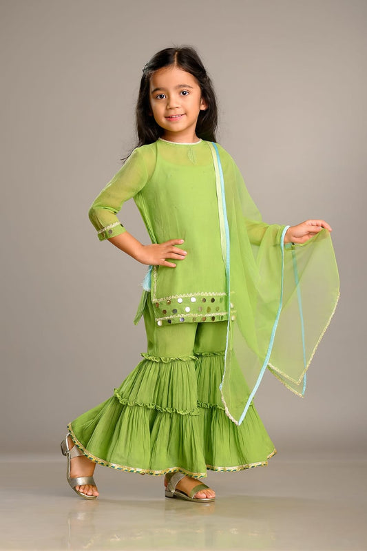 Pre Order: Ethnic Strappy Top With Embellished Kurti And Ruffled Sharara With Dupatta