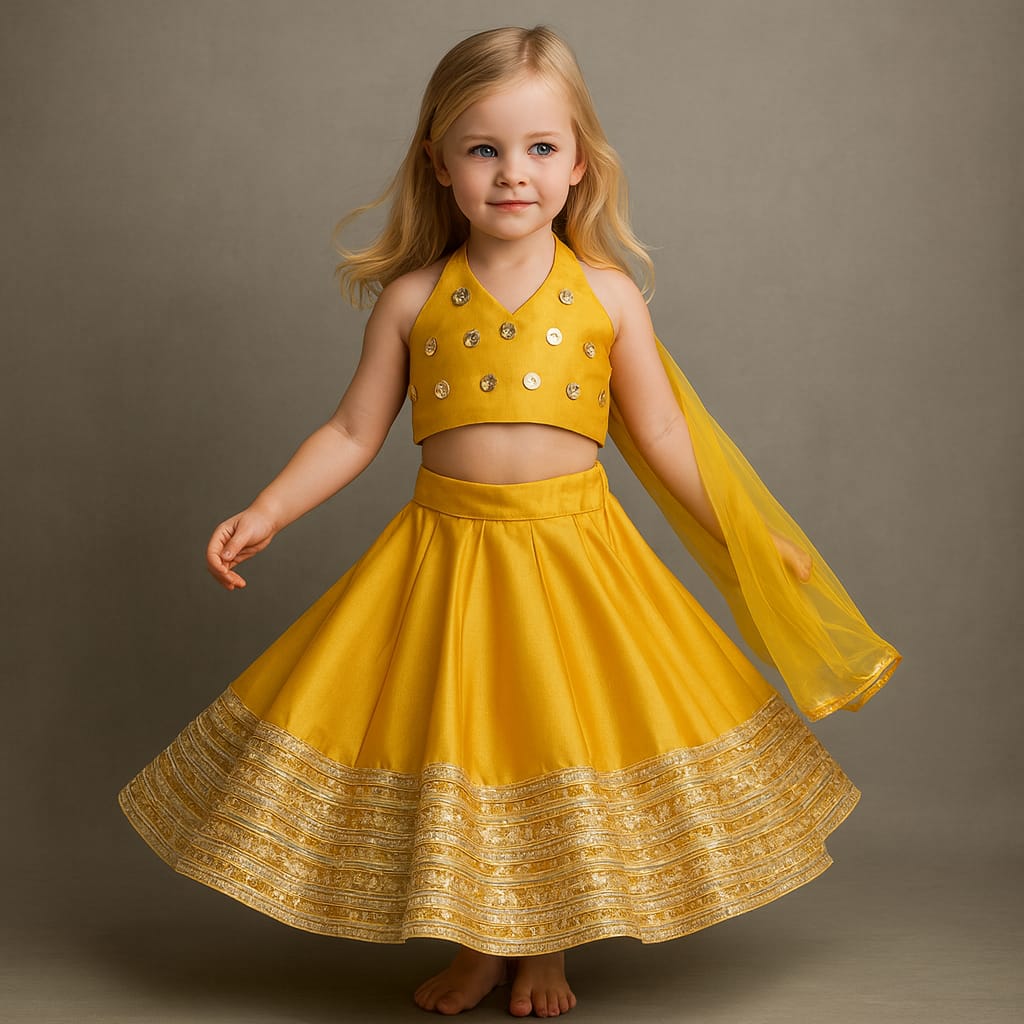 Pre Order: Open Back Halter Neck Mustard Yellow Top And Flared Lehenga With Gota Lace Detail Dupatta
