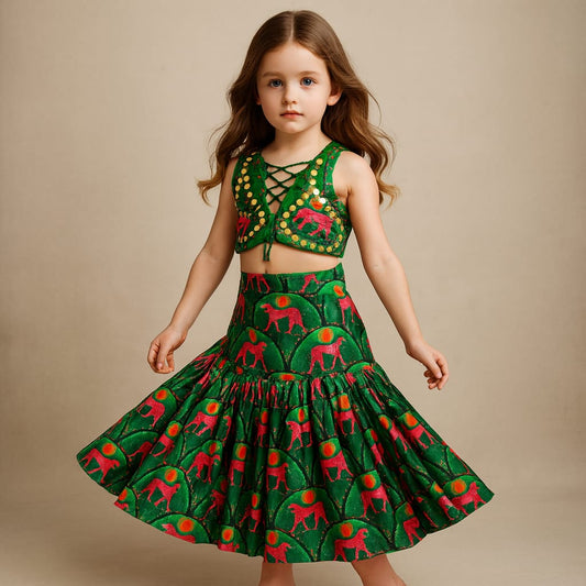 Pre Order: Green Printed Stylish Top With Sharara