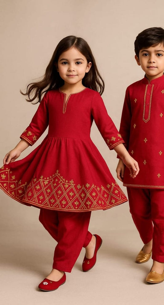 (Boy) Pre Order:Red And Gold Embroidered kurta Set
