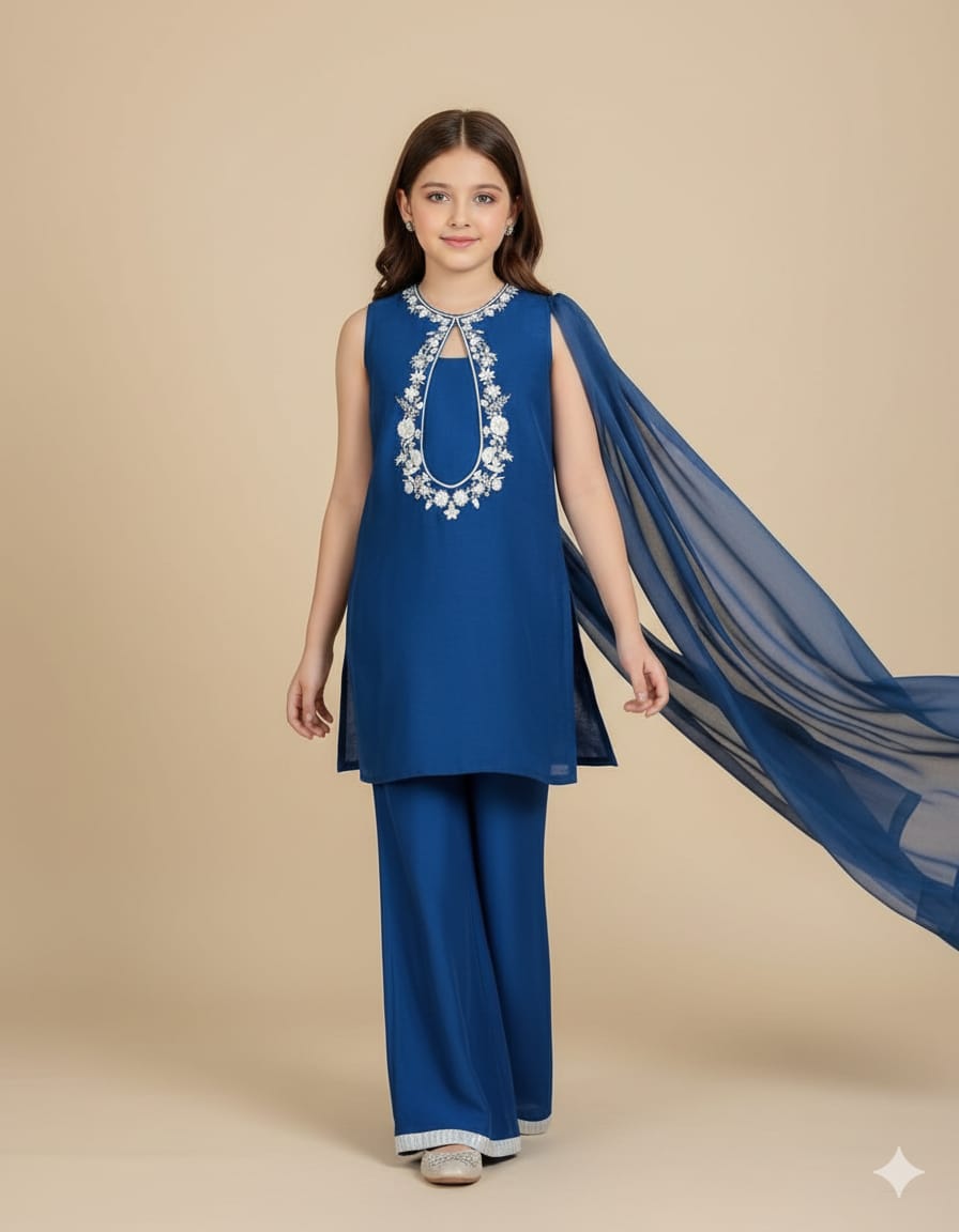 Pre Order: Blue Embroidered Suit Set