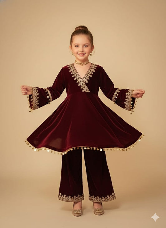 Pre Order: Maroon Embroidered Velvet Suit Set